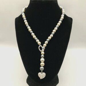 Avon (NRT) Silver-Tone & Faux Pearl Necklace with Heart Pendants
